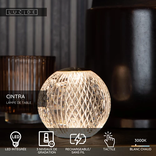 Lucide CINTRA - Lampe de table Rechargeable - Batterie/Piles - Ø 11 cm - LED 3 StepDim - 1x2W 3000K - Transparent - USP